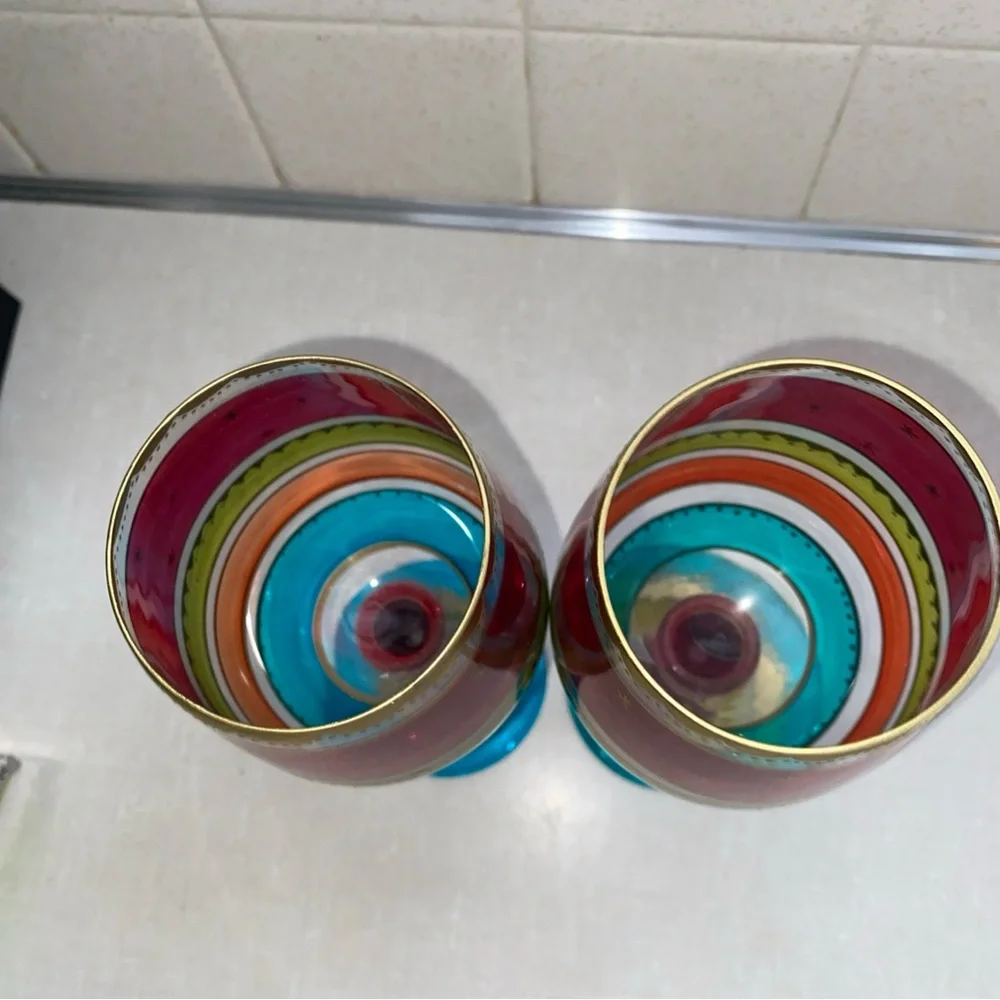 Pier 1 Festive Holiday Stripe Red Gold Purple Blue Wine Glass Set Hand‎ Painted